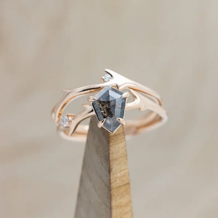 “ARTEMIS” – SHIELD ROSECUT SALT & PEPPER DIAMOND ENGAGEMENT RING WITH DIAMOND ACCENTS & STACKING BAND