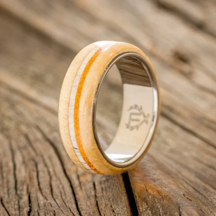 “CANYON” – ASPEN WOOD, ANTLER & ORANGE OPAL WEDDING RING