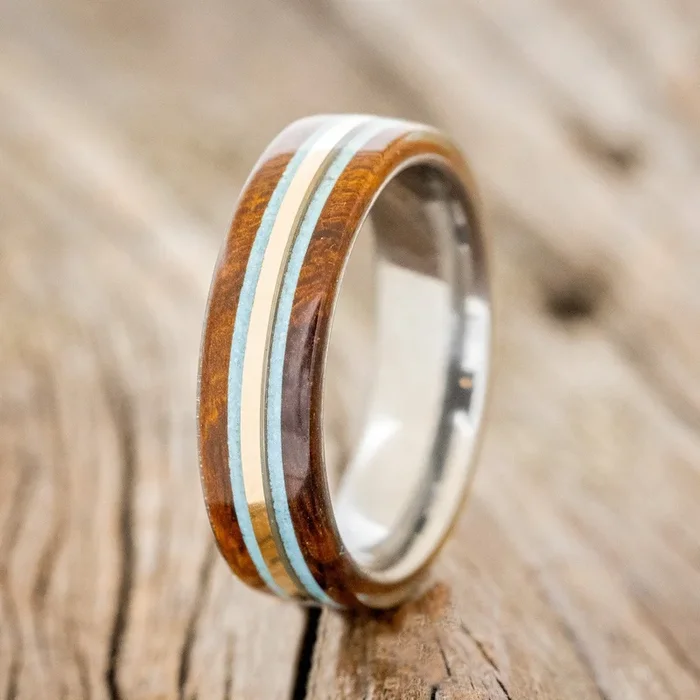 “CANYON” – IRONWOOD, TURQUOISE & 14K YELLOW GOLD INLAY WEDDING BAND – TUNGSTEN (6MM) – SIZE 9 1/4