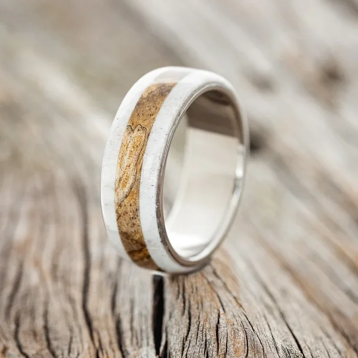 “CANYON” – SPALTED MAPLE & ANTLER WEDDING BAND – READY TO SHIP