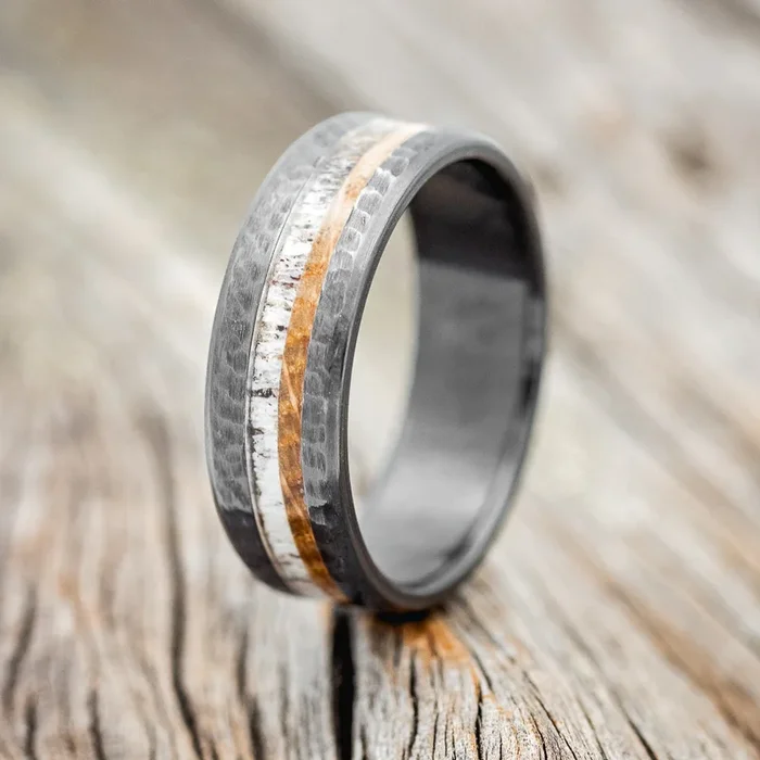 “CASTOR” – ELK ANTLER OR IVORY & WHISKEY BARREL OAK WEDDING RING – READY TO SHIP