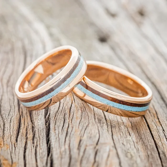 “CASTOR” – MATCHING SET OF IRONWOOD & TURQUOISE WEDDING RINGS FEATURING 14K GOLD BANDS