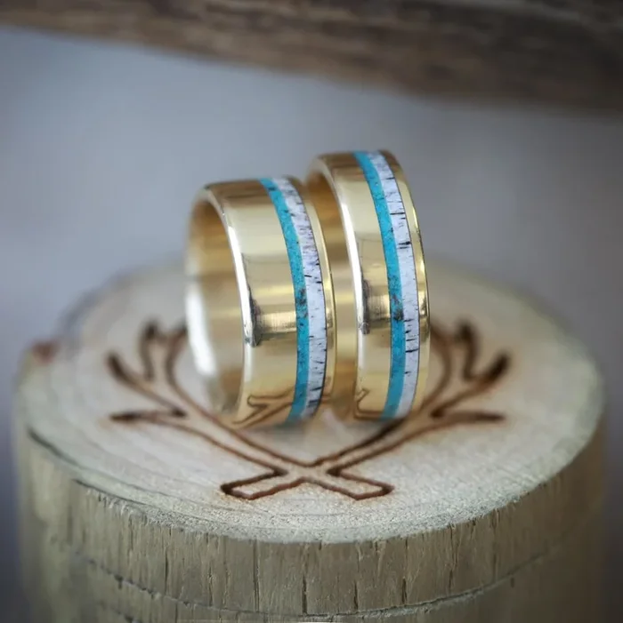 “CASTOR” – MATCHING SET OF TURQUOISE & ANTLER WEDDING BANDS