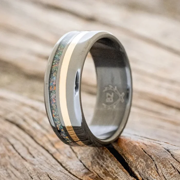 “COSMO” – BLACK FIRE OPAL & 14K GOLD INLAY WEDDING RING