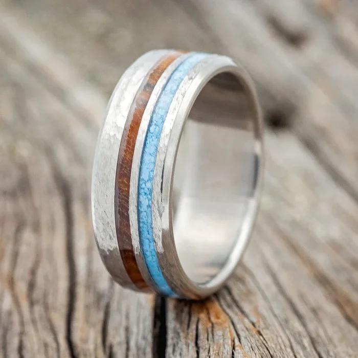 “COSMO” – IRONWOOD & TURQUOISE WEDDING RING WITH HAMMERED FINISH