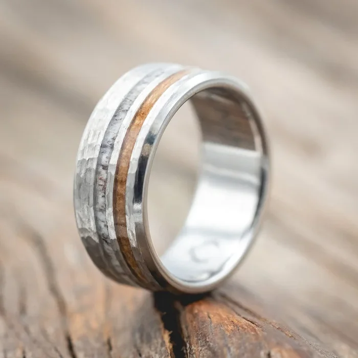 “COSMO” – WHISKEY BARREL OAK & ANTLER WEDDING BAND WITH A HAMMERED FINISH