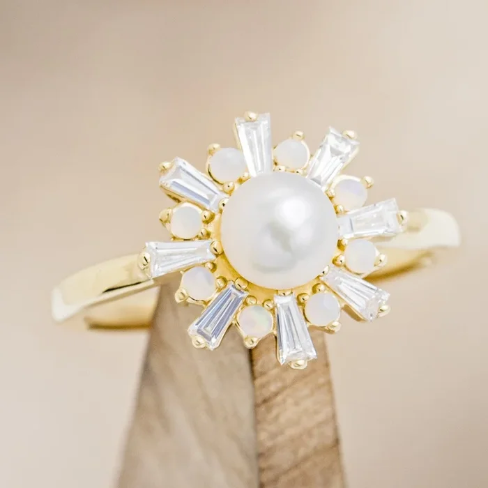 “DOROTHEA” – WHITE AKOYA PEARL ENGAGEMENT RING WITH DIAMOND & OPAL ACCENTS