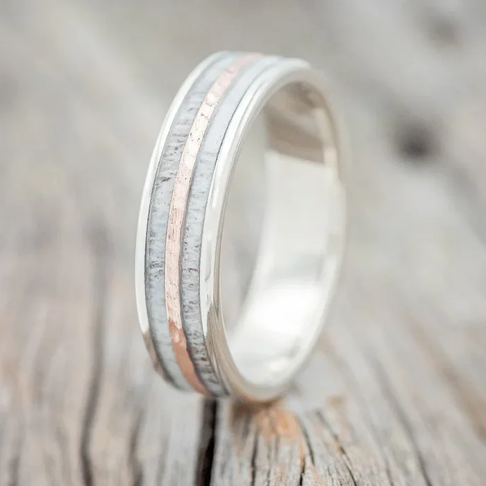 “DYAD” – ELK ANTLER WEDDING BAND WITH A HAMMERED 14K GOLD INLAY