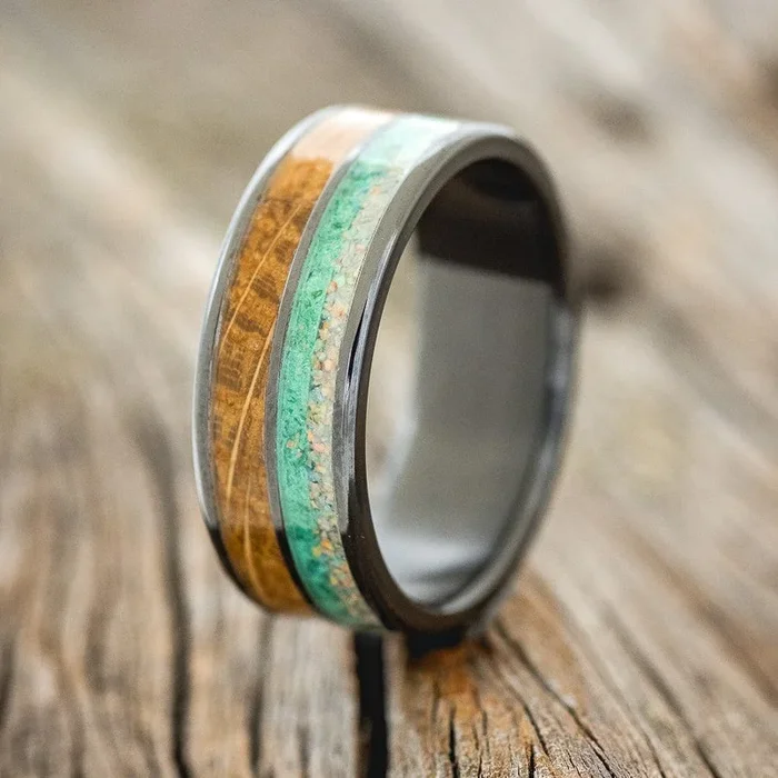 “DYAD” – FIRE & ICE OPAL, MALACHITE, & WHISKEY BARREL OAK WEDDING BAND