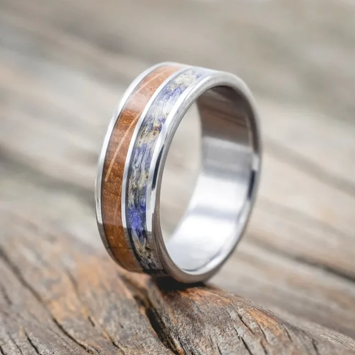 “DYAD” – LAVENDER & WHISKEY BARREL OAK INLAY WEDDING BAND