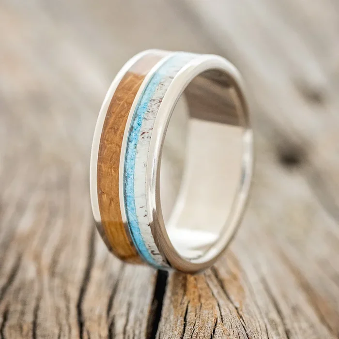 “DYAD” – WHISKEY BARREL OAK, SEMI PRECIOUS STONE & CUSTOM MATERIAL WEDDING BAND – READY TO SHIP