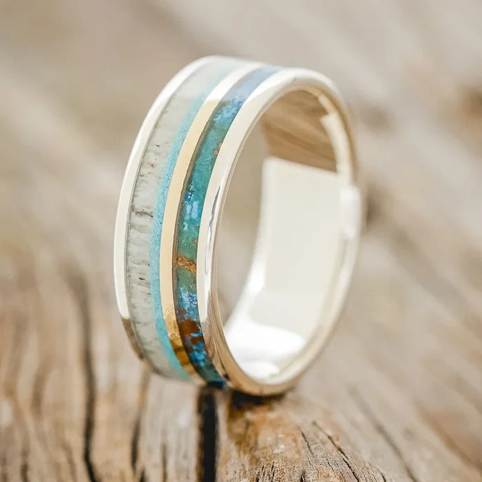 “ELEMENT” – PATINA COPPER, TURQUOISE, ANTLER & 14K GOLD INLAY WEDDING BAND