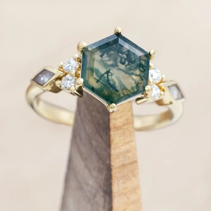 “EVERETT” – HEXAGON CUT MOSS AGATE ENGAGEMENT RING WITH DIAMOND ACCENTS & DIAMOND DUST INLAYS