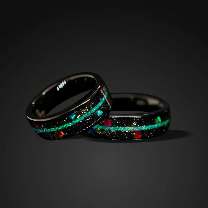 “Galaxy” Opal Ring Gold Foil Band Black Stainless Steel Ring