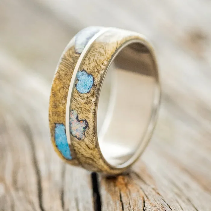 “GOLDEN” – BUCKEYE BURL WOOD, TURQUOISE & FIRE AND ICE OPAL WEDDING BAND