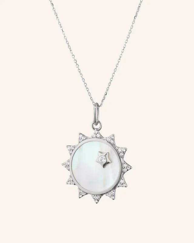“Happiness” Sun Necklace with Mother of Pearl and White Sapphires