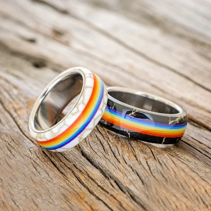 “HAVEN” – MATCHING SET OF PRIDE INSPIRED BLACK & WHITE MATRIX TRUSTONE WEDDING BANDS