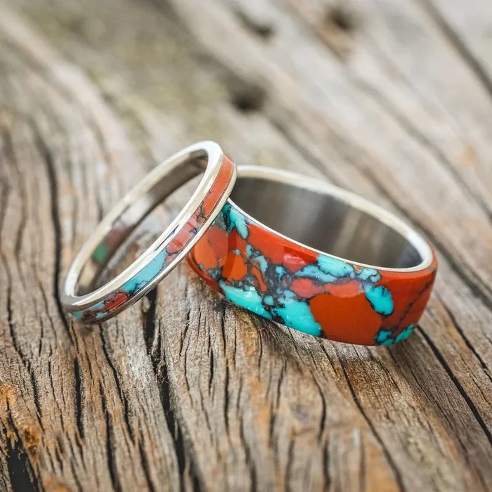 “HAVEN” – MATCHING SET OF SONORA SUNSET TRUSTONE WEDDING BANDS