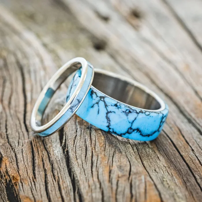 “HAVEN” – MATCHING SET OF TURQUOISE & BLACK MATRIX TRUSTONE WEDDING BANDS