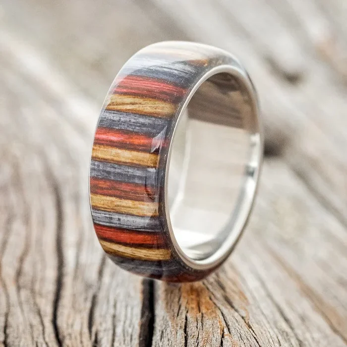 “HAVEN” – RED, GREY & BROWN DYED BIRCH WOOD WEDDING RING