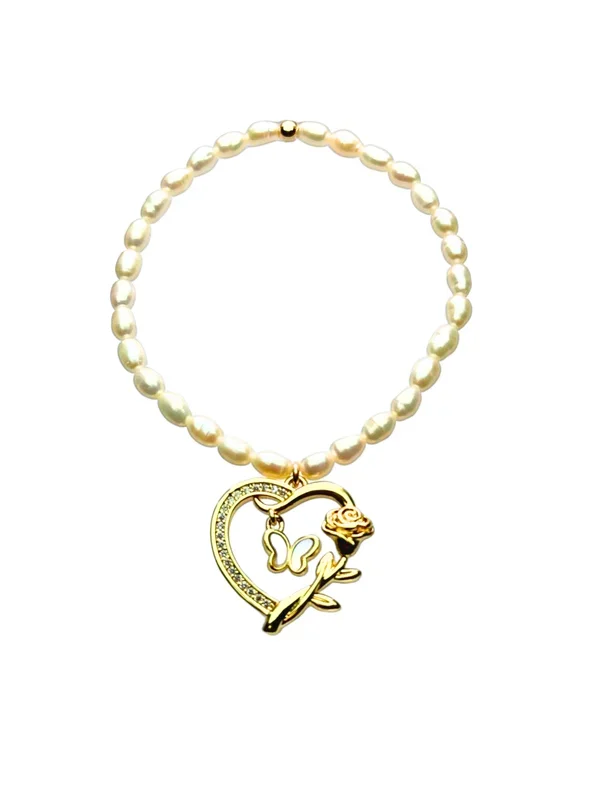 “HEART ROSE + LIP” Pearls w/ Gold Filled beaded Bracelets