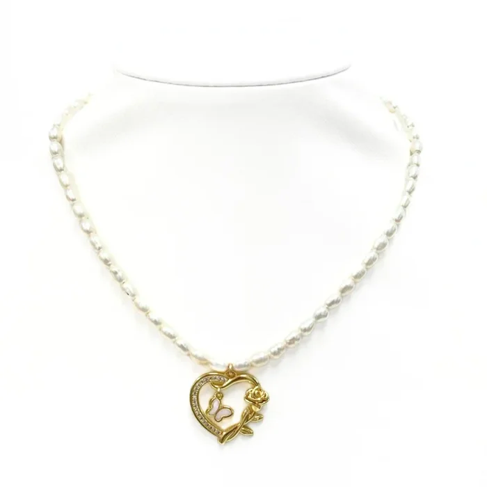 “HEART ROSE + MOON” Pearls w/ Gold Filled beaded Choker