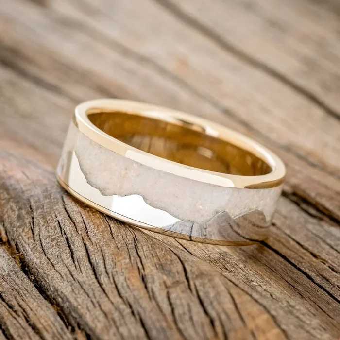 “HELIOS” – FIRE AND ICE OPAL & 14K WHITE GOLD MOUNTAIN RANGE WEDDING RING FEATURING A 14K GOLD BAND