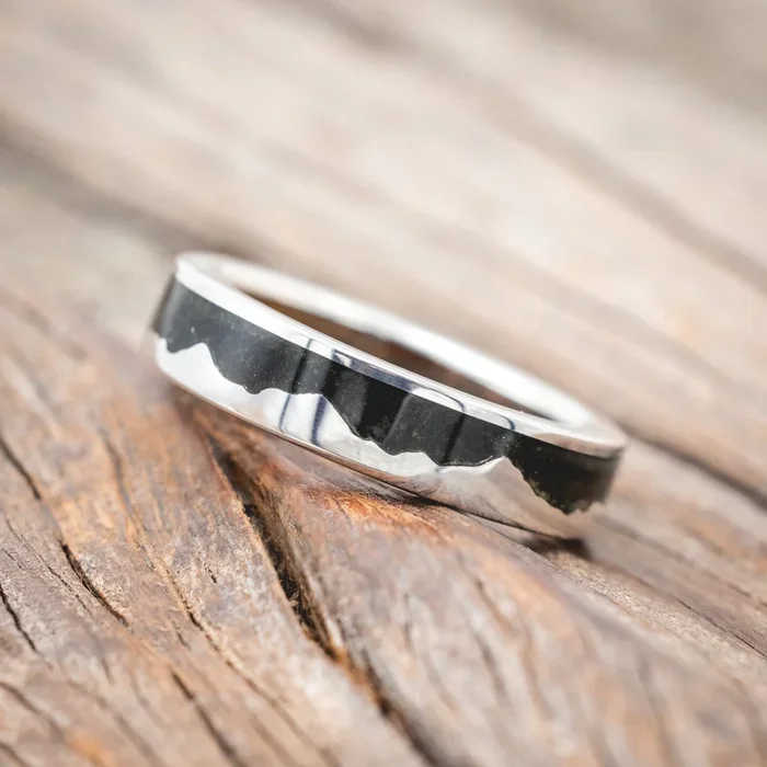 “HELIOS” – MOSS MOUNTAIN RANGE WEDDING BAND WITH WHISKEY BARREL & BLACK FIRE OPAL LINING