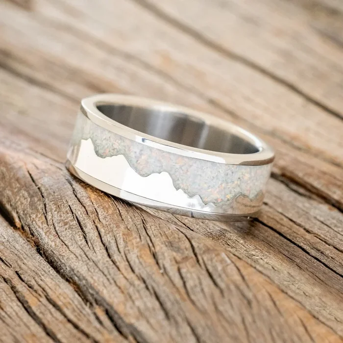 “HELIOS” – SILVER ANDES MOUNTAIN RANGE WITH FIRE AND ICE OPAL INLAY WEDDING BAND