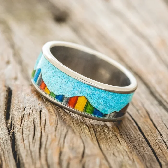 “HELIOS” – TURQUOISE & RAINBOW DYED BIRCH WOOD WEDDING BAND