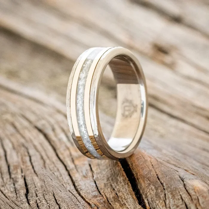 “HOLLIS” – DIAMOND DUST & 14K YELLOW GOLD INLAYS WEDDING RING WITH A HAMMERED FINISH