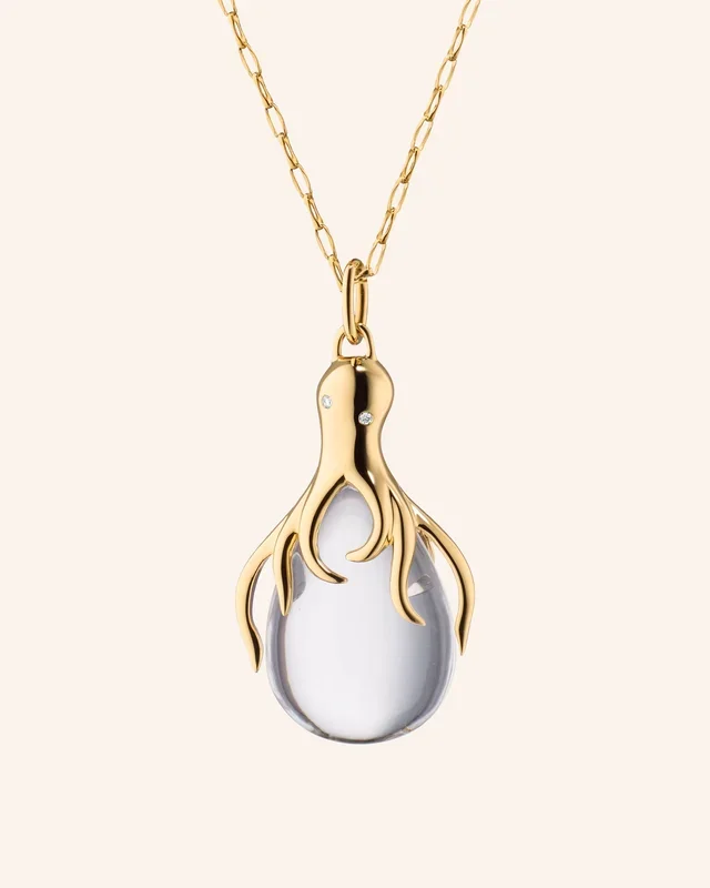 “Intuition” Octopus 18K Gold Necklace with Rock Crystal and Diamonds