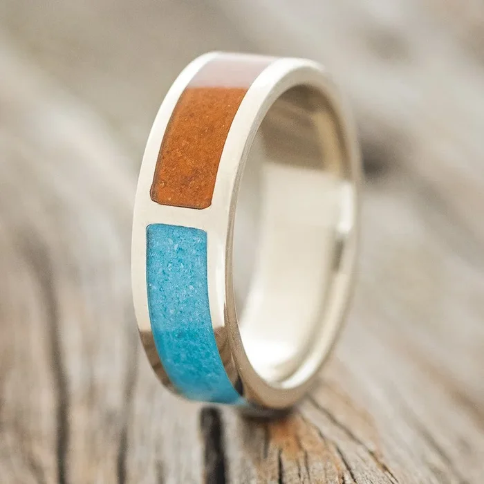 “JANUS” – TERRACOTTA & TURQUOISE SPLIT WEDDING BAND