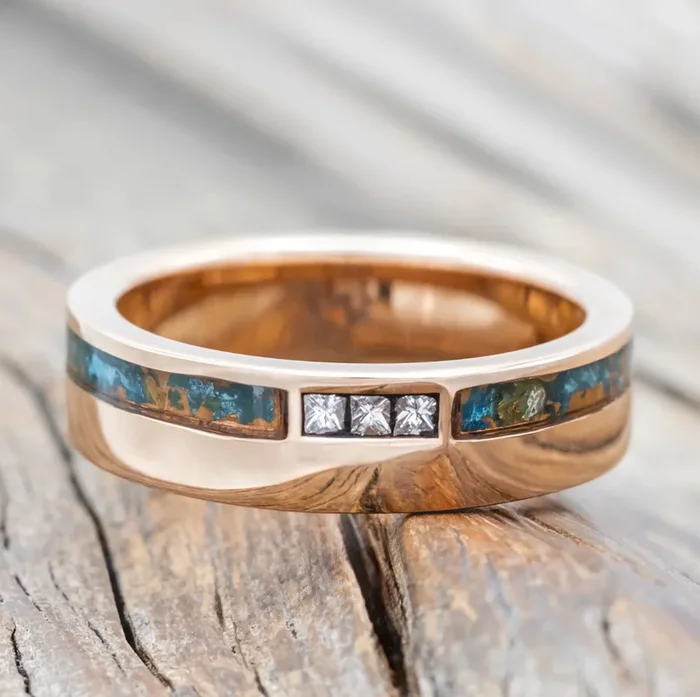 “JULIAN” – DIAMOND ACCENTS & PATINA COPPER WEDDING BAND – 14K ROSE GOLD – SIZE 8 1/4