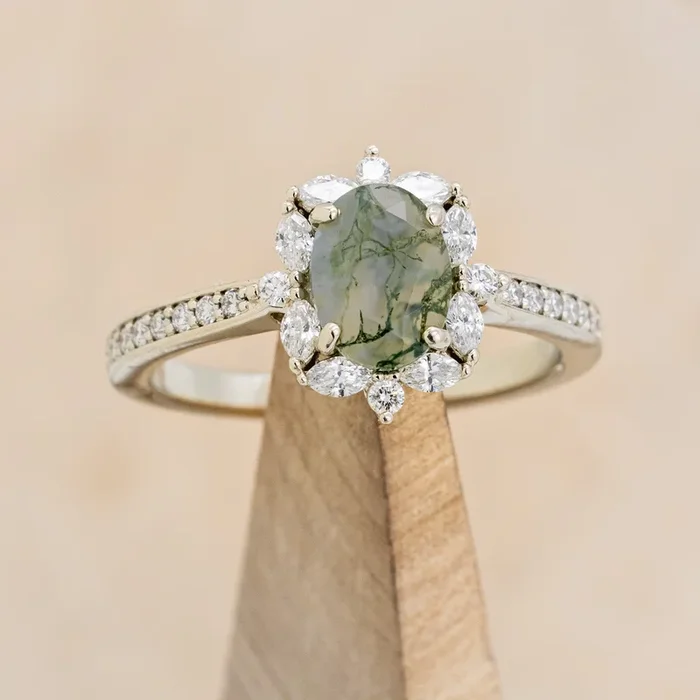 “LOLA” – OVAL CUT MOSS AGATE ENGAGEMENT RING WITH DIAMOND HALO & ACCENTS