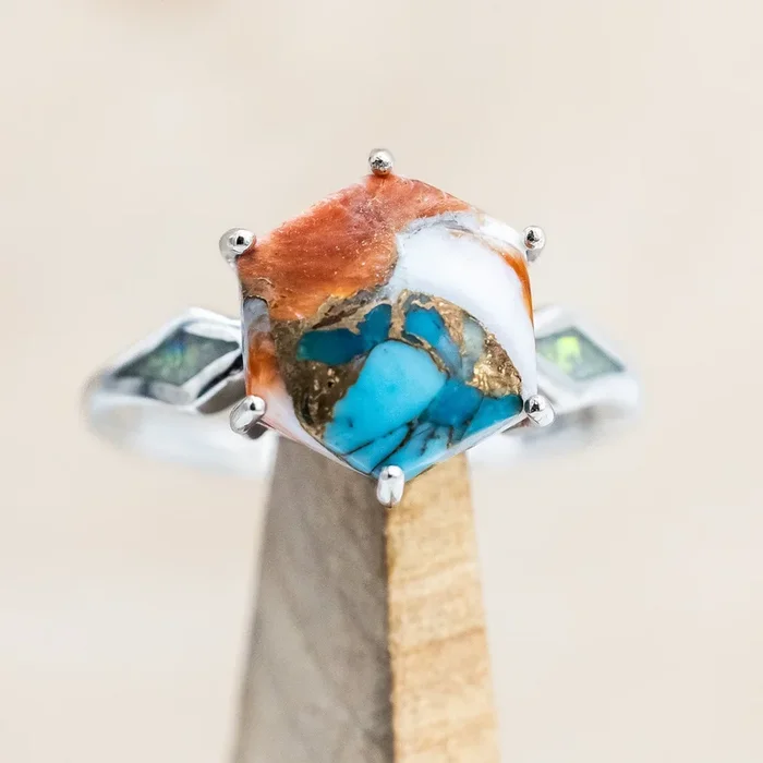 “LOVE STORY” – HEXAGON CABOCHON CUT SPINY OYSTER TURQUOISE ENGAGEMENT RING WITH FIRE & ICE OPAL INLAYS