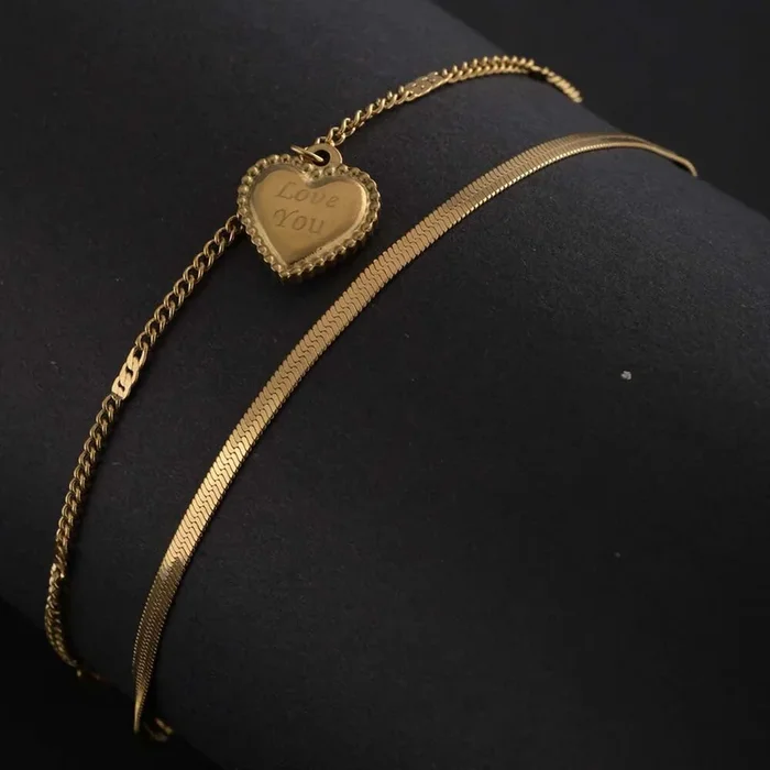 “Love You” Engraved Heart Layered Anklet