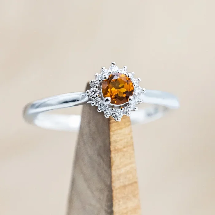 “MYALL” – ROUND CUT CITRINE DAINTY ENGAGEMENT RING WITH DIAMOND HALO