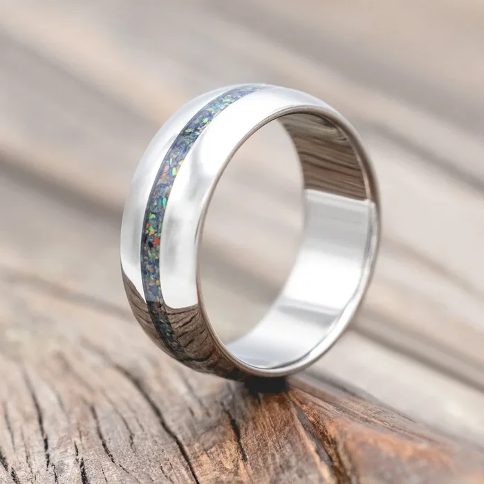 “NIRVANA” – DOMED WEDDING BAND WITH BLACK FIRE OPAL INLAY