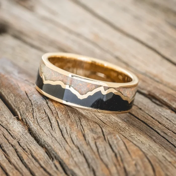 “PEAK” – WHITE OPAL & JET STONE INLAY WITH MOUNTAIN RANGE WEDDING BAND