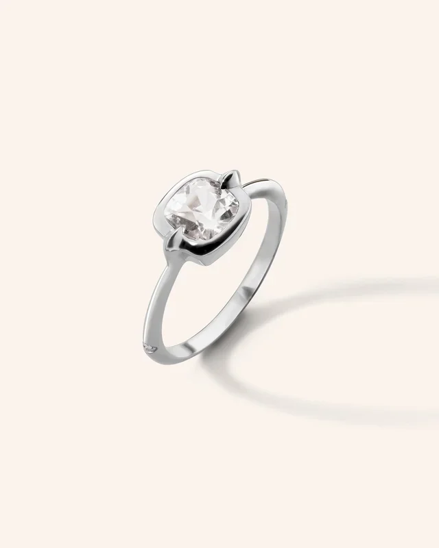 “Points North” Cushion Rock Crystal Ring with White Sapphires