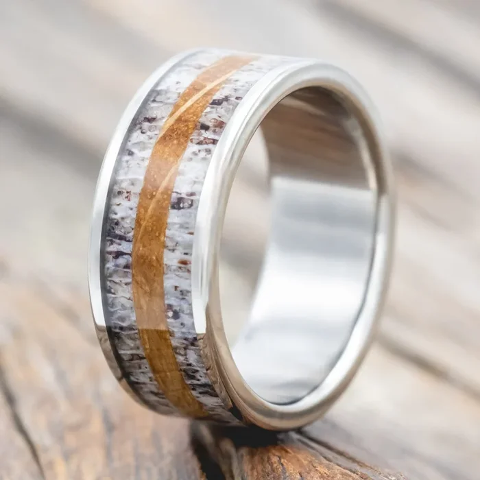 “RAINIER” – ANTLER & WHISKEY BARREL OAK WEDDING BAND – READY TO SHIP