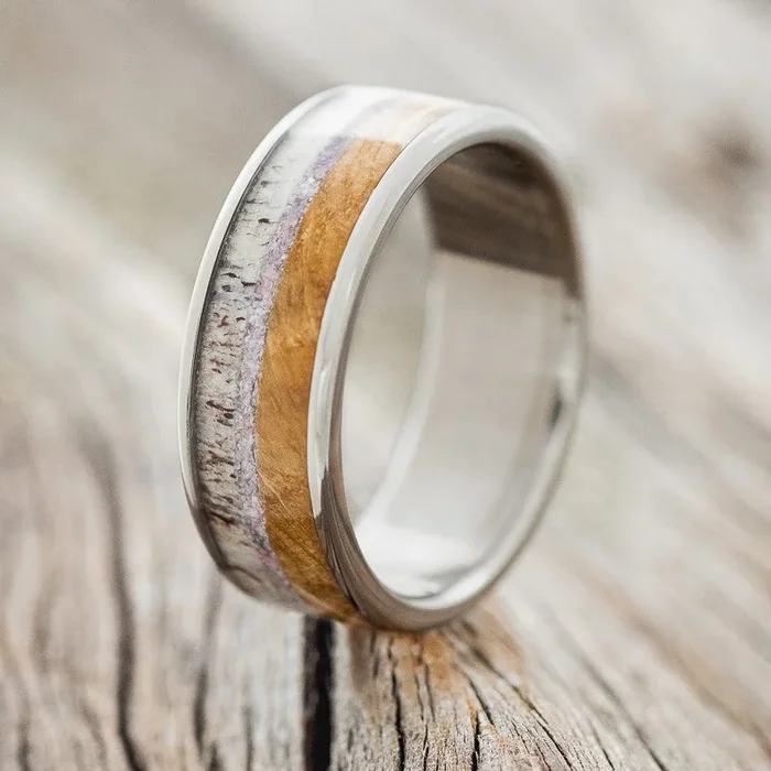 “RAINIER” – CHAROITE STONE, ELK ANTLER & WHISKEY BARREL OAK WEDDING BAND