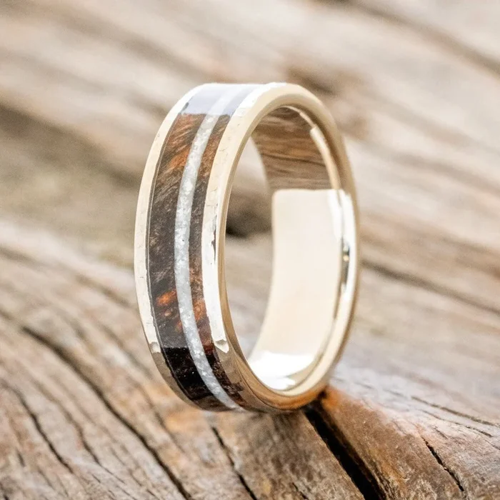 “RAINIER” – DIAMOND DUST & DARK MAPLE WOOD WEDDING RING FEATURING A HAMMERED 14K GOLD BAND