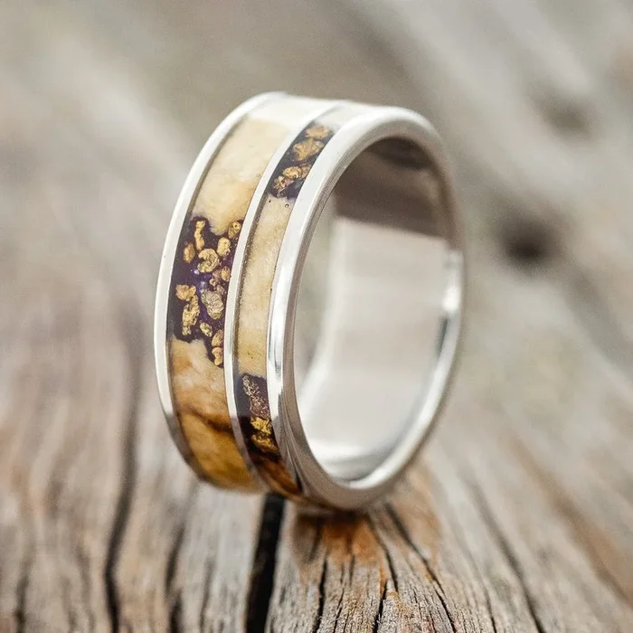 “RAPTOR” – BUCKEYE BURL WOOD WITH GOLD NUGGET INLAYS WEDDING RING