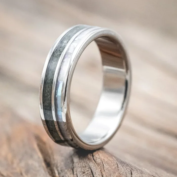 “RAPTOR” – MOTHER OF PEARL & CRUSHED MOSS AGATE WEDDING BAND