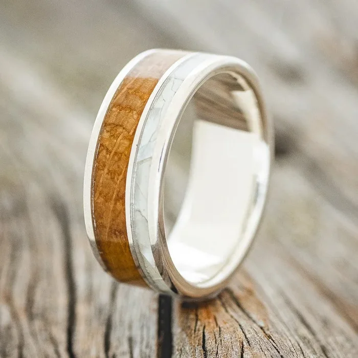 “RAPTOR” – MOTHER OF PEARL & WHISKEY BARREL OAK WEDDING BAND