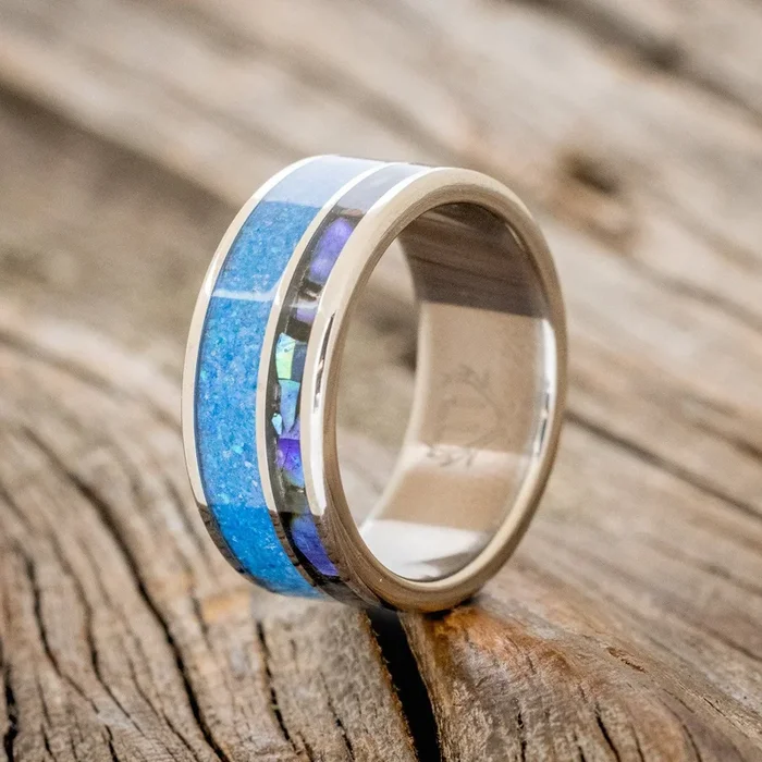 “RAPTOR” – PAUA SHELL & BLUE OPAL WEDDING BAND