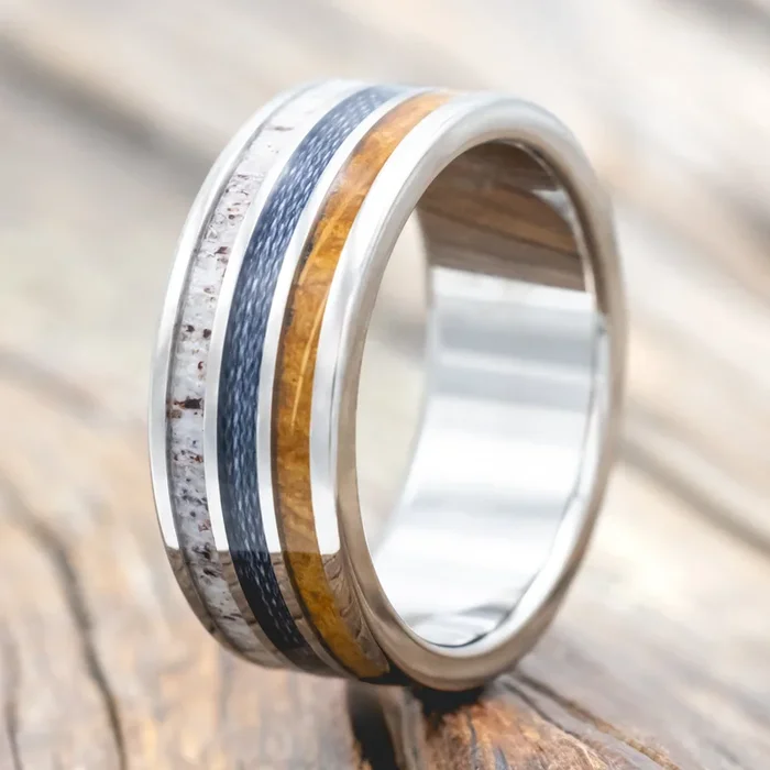 “RIO” – ANTLER, WHISKEY BARREL OAK & GREY BRAIDED FISHING LINE WEDDING BAND
