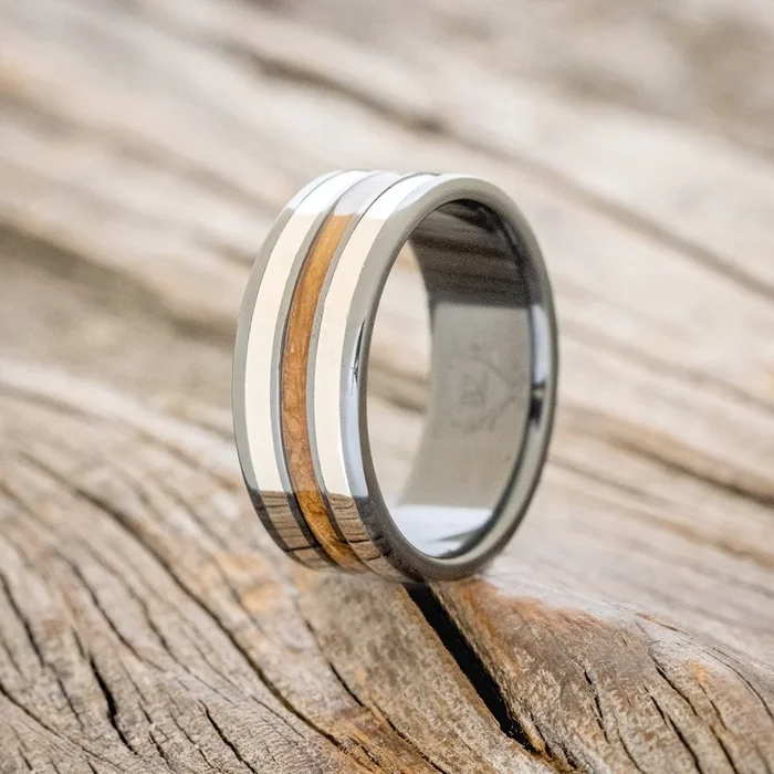 “RIO” – WHISKEY BARREL & 14K GOLD INLAYS WEDDING RING